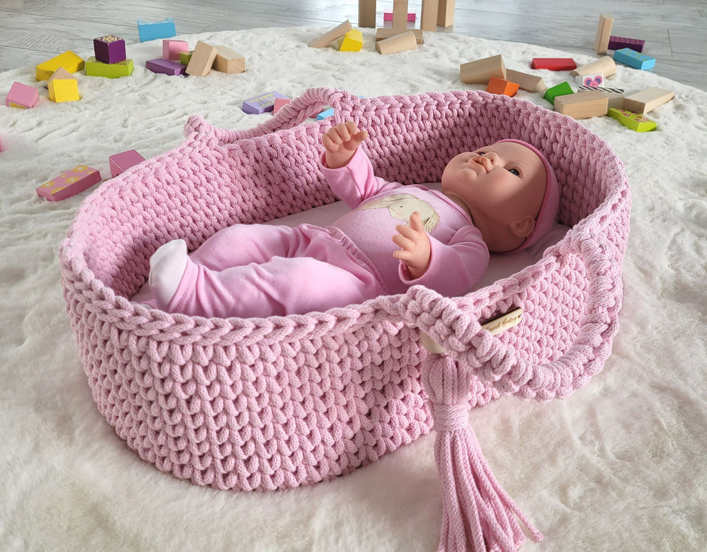 Moses basket BOHO cotton doll carrier with cradle - pink