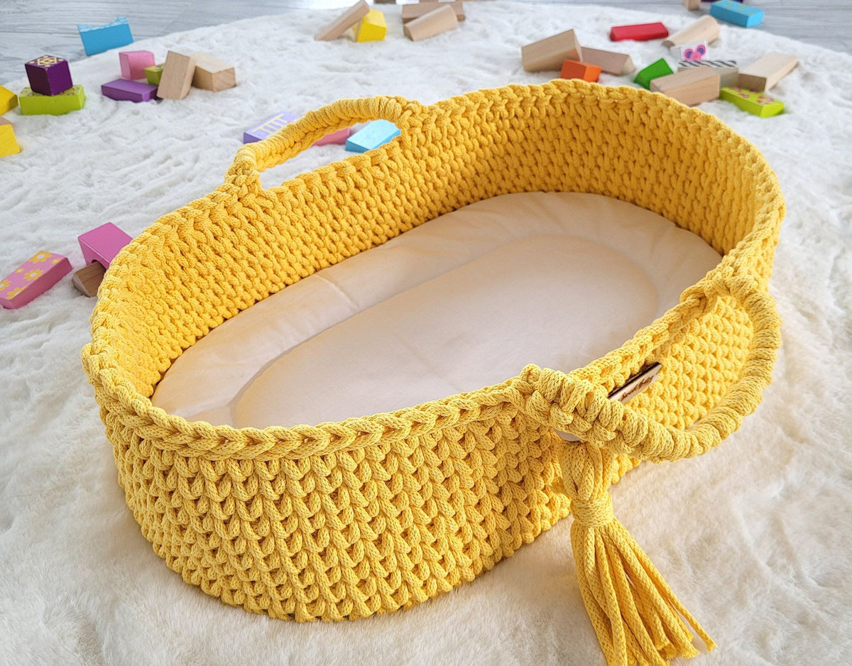Moses basket BOHO cotton doll carrier with cradle - yellow