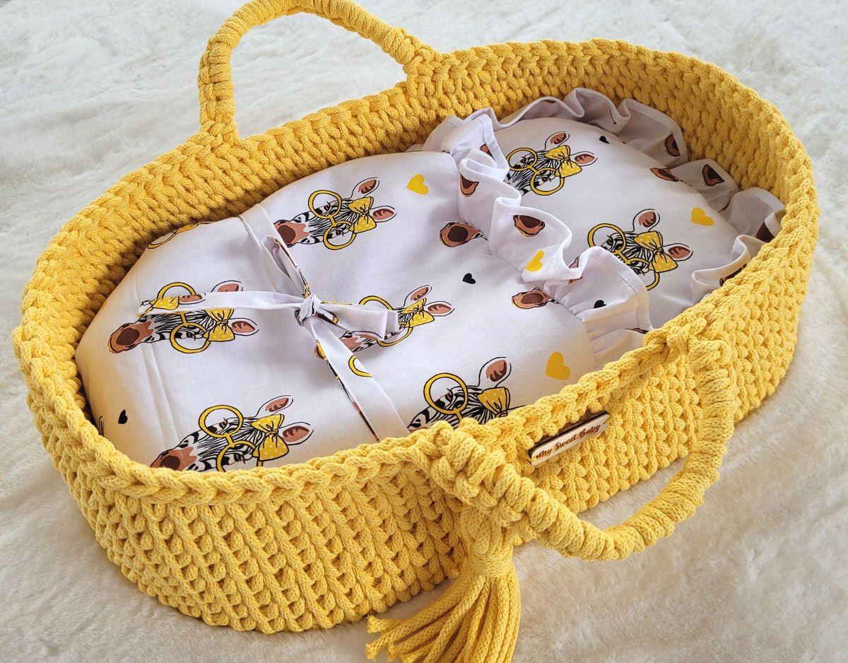 Moses basket BOHO cotton doll carrier with cradle - yellow
