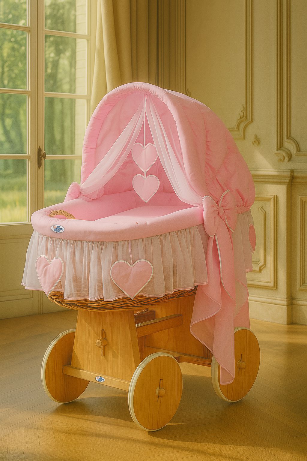 Moses Basket Wicker hood crib Amelie - natural + pink bedding