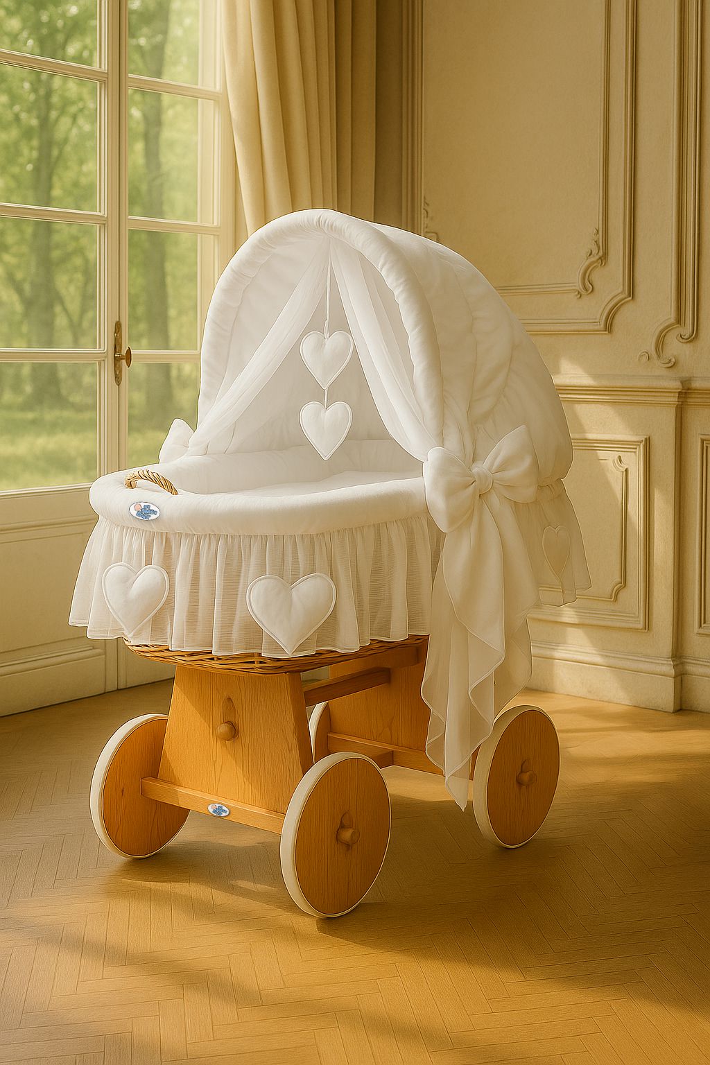 Moses Basket Wicker hood crib Amelie - natural + white bedding