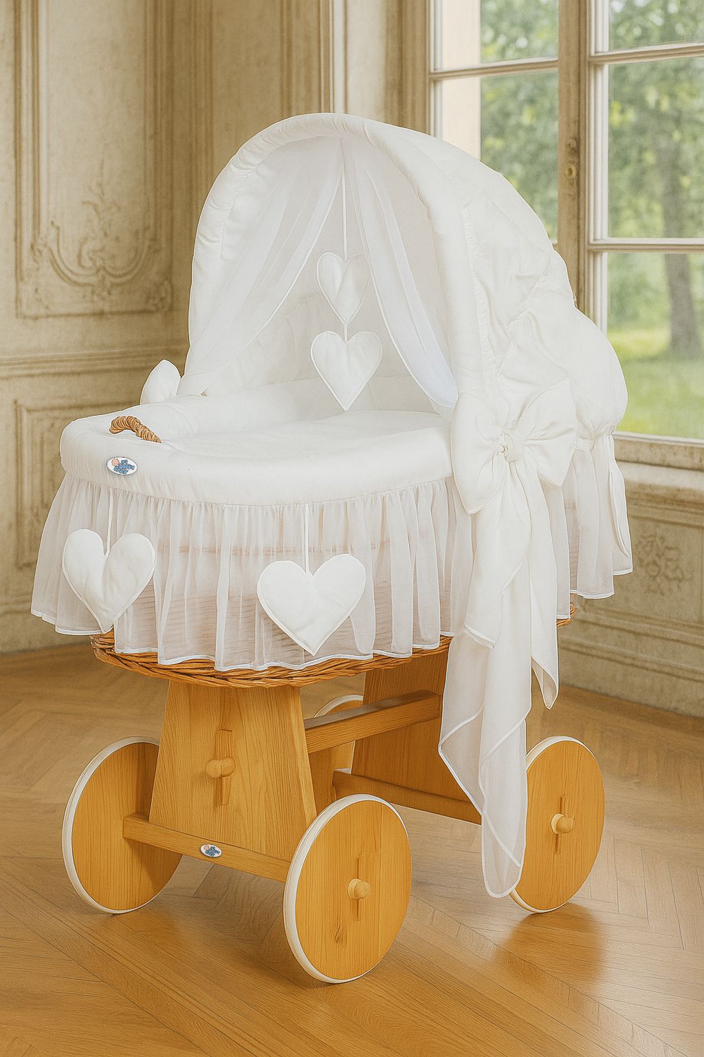 Moses Basket Wicker hood crib Amelie - natural + white bedding