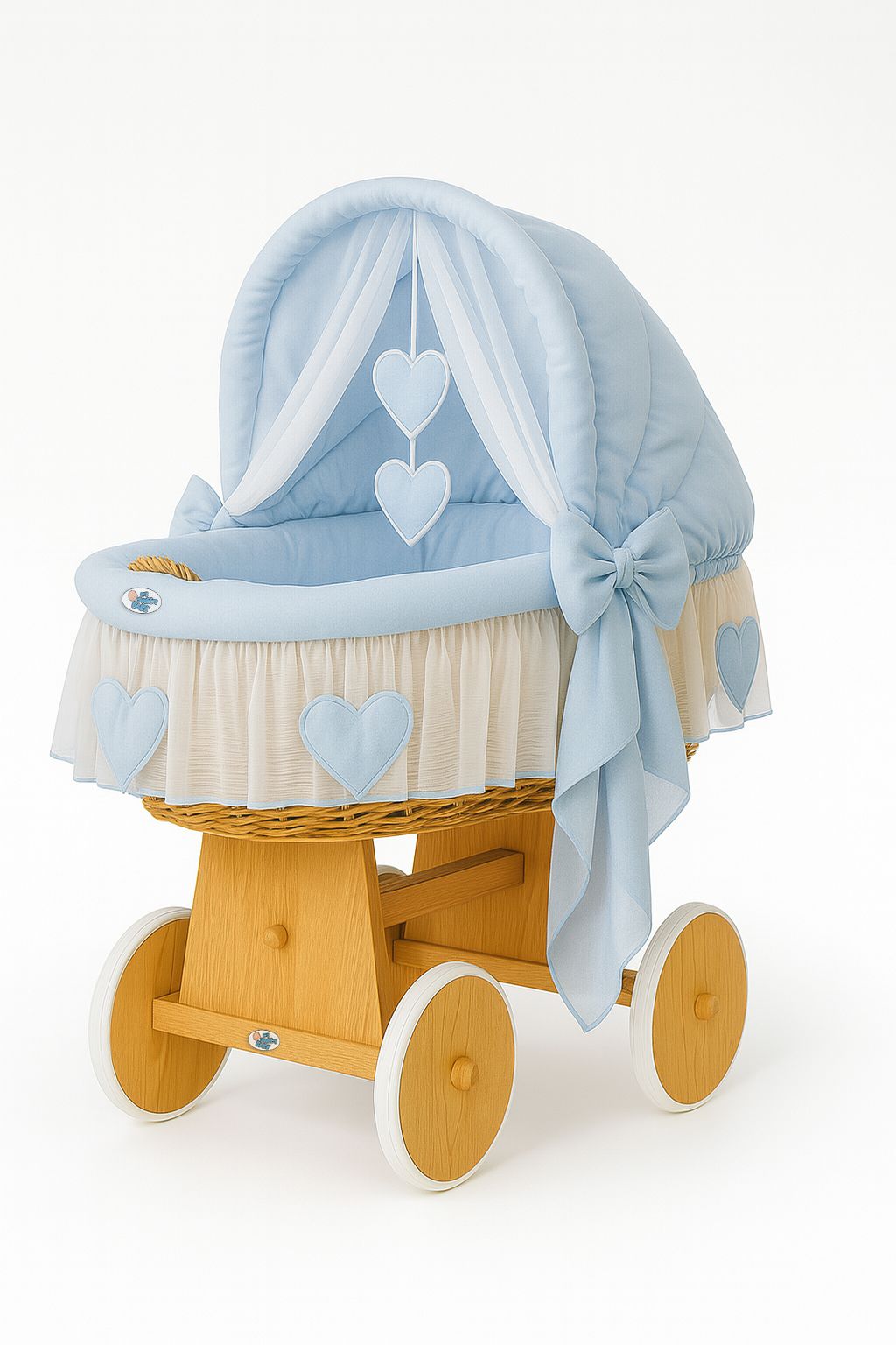 Moses Basket Wicker hood crib Amelie - natural + blue bedding