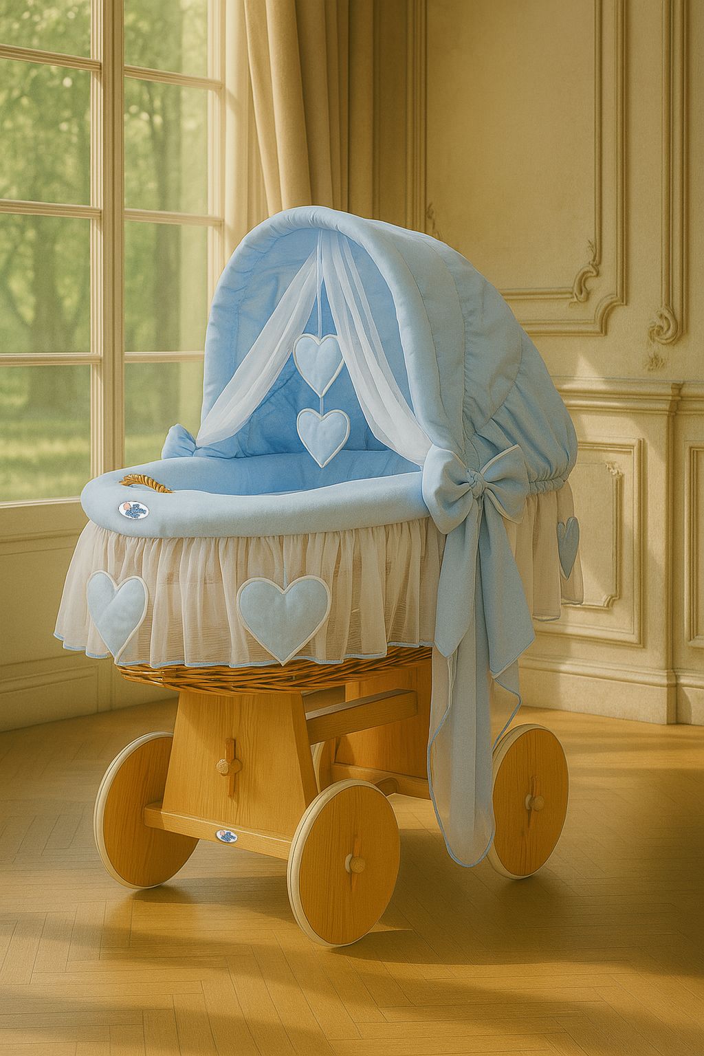 Moses Basket Wicker hood crib Amelie - natural + blue bedding