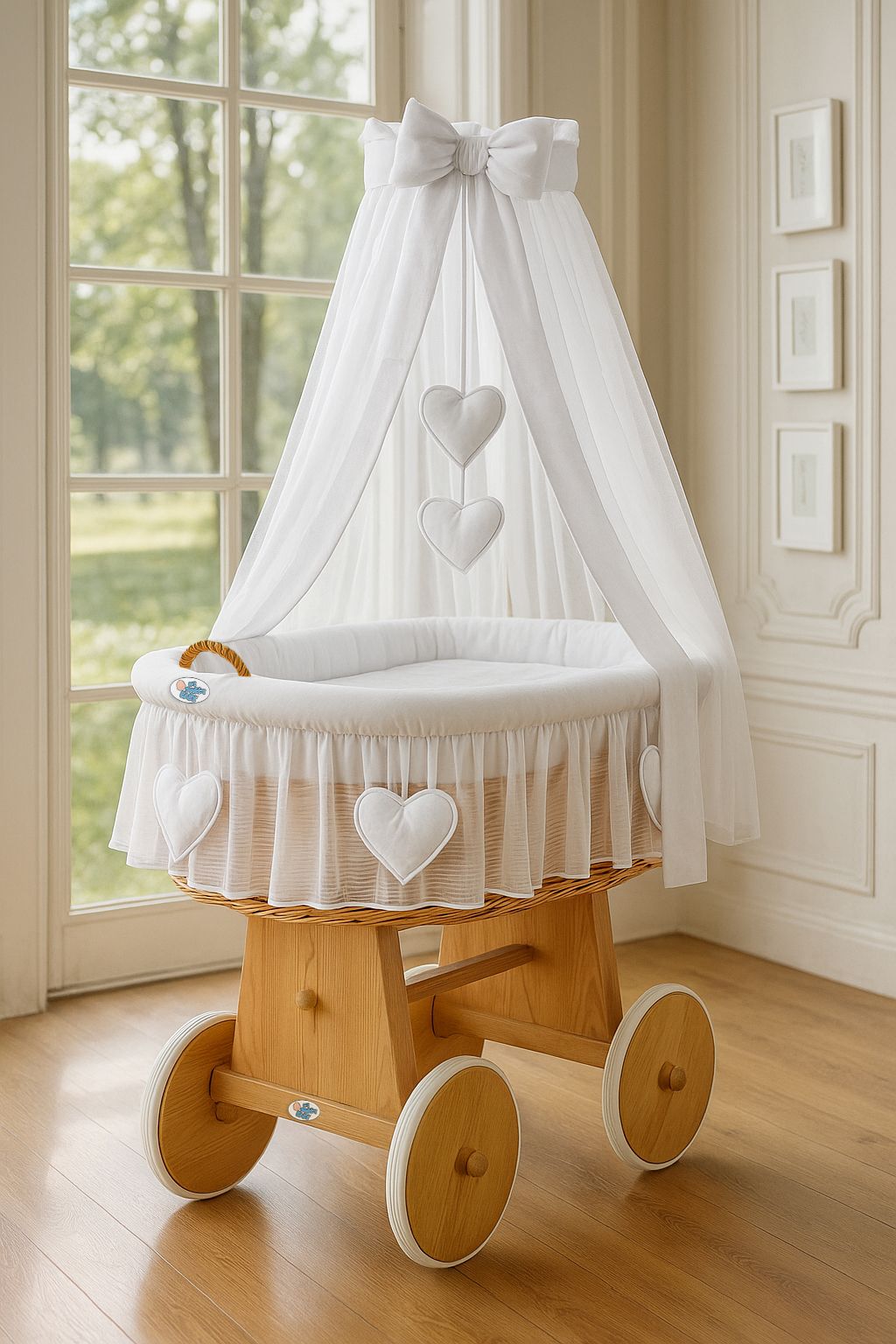 Moses Basket Wicker drape crib Amelie - natural + white bedding