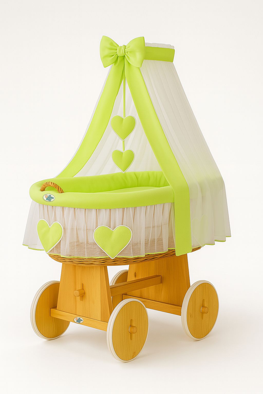 Moses Basket Wicker drape crib Amelie - natural + green bedding