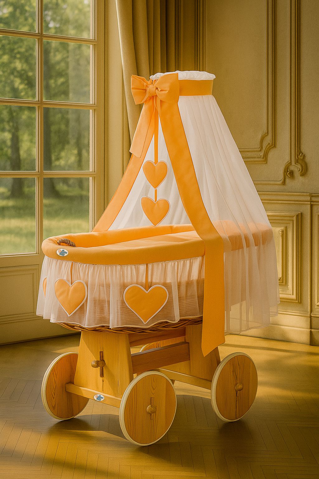 Moses Basket Wicker drape crib Amelie - natural + peach bedding