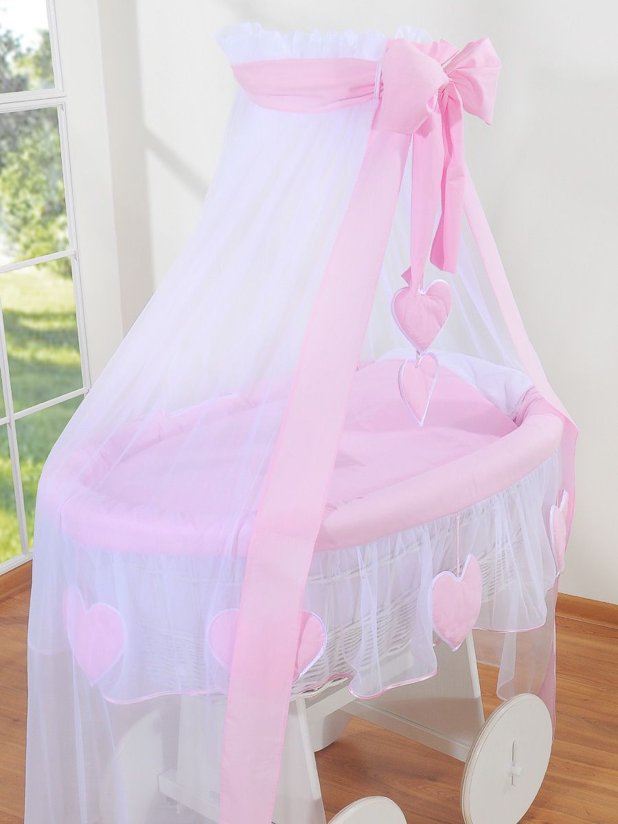 Moses Basket Wicker drape crib Deluxe Amelie - white + pink bedding