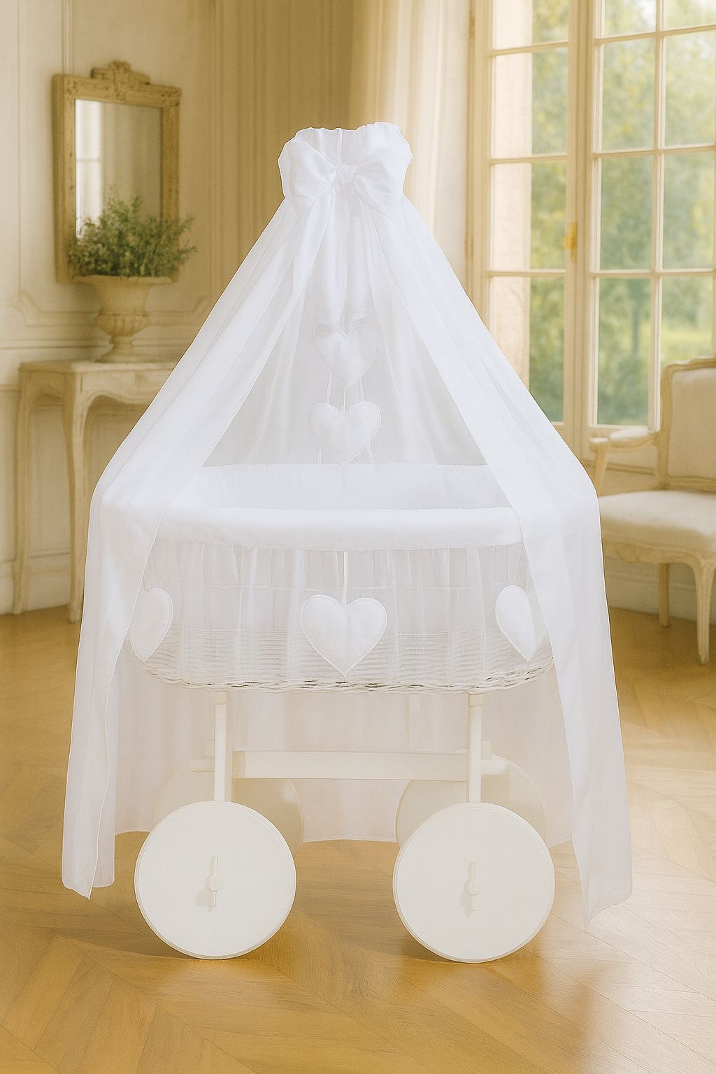 Moses Basket Wicker drape crib Deluxe Amelie - white + white bedding