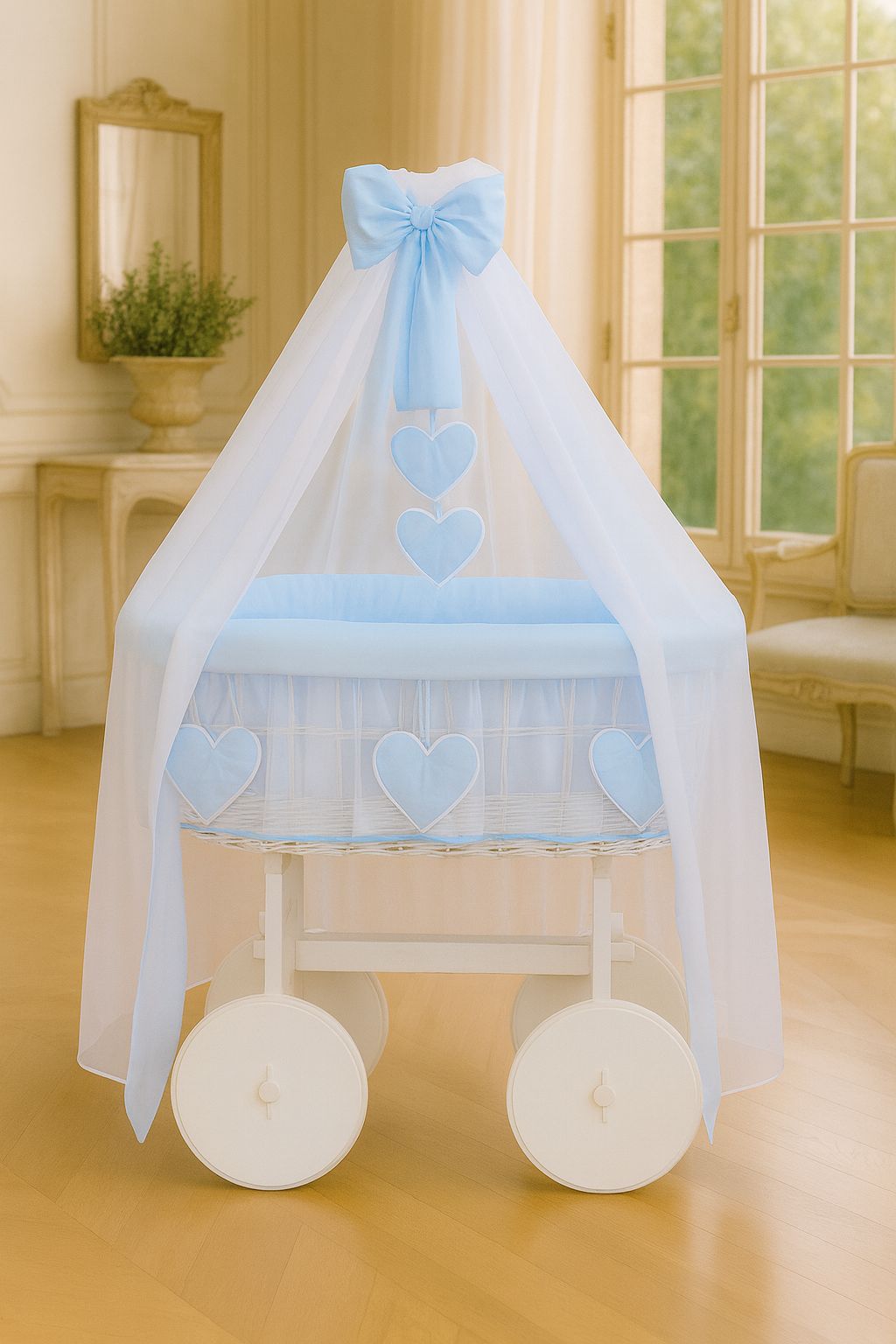 Moses Basket Wicker drape crib Deluxe Amelie - white + blue bedding