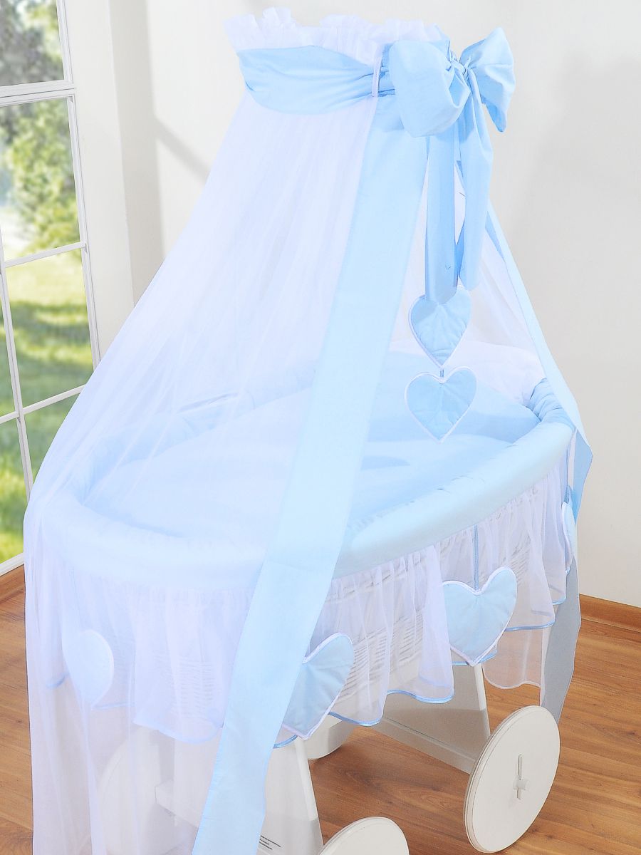 Moses Basket Wicker drape crib Deluxe Amelie - white + blue bedding