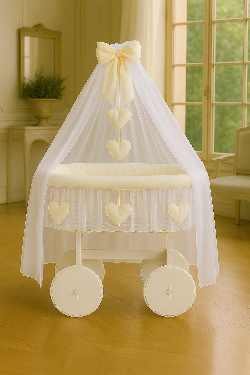 Moses Basket Wicker drape crib Deluxe Amelie - white + cream bedding
