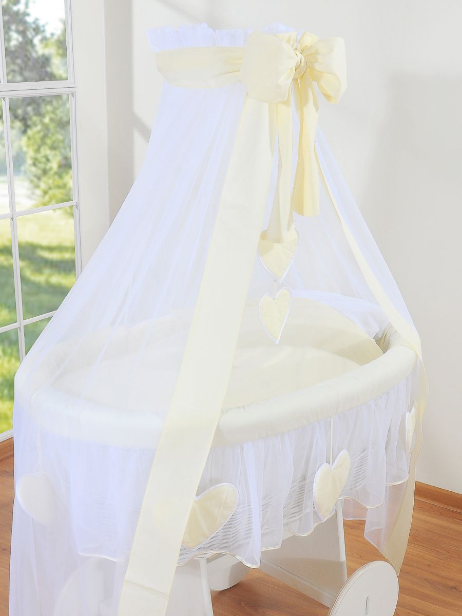 Moses Basket Wicker drape crib Deluxe Amelie - white + cream bedding