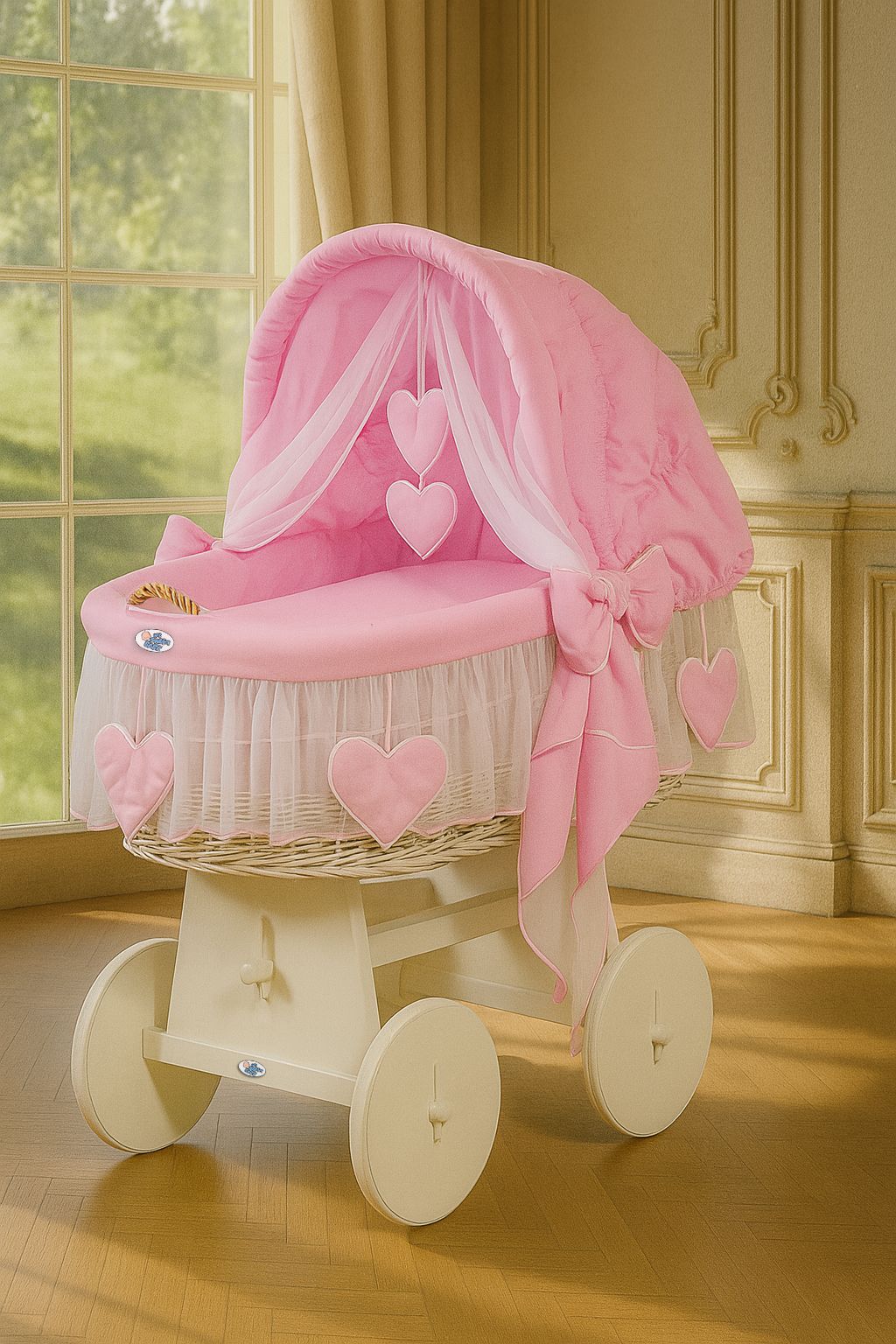 Moses Basket Wicker hood crib Amelie - white + pink bedding