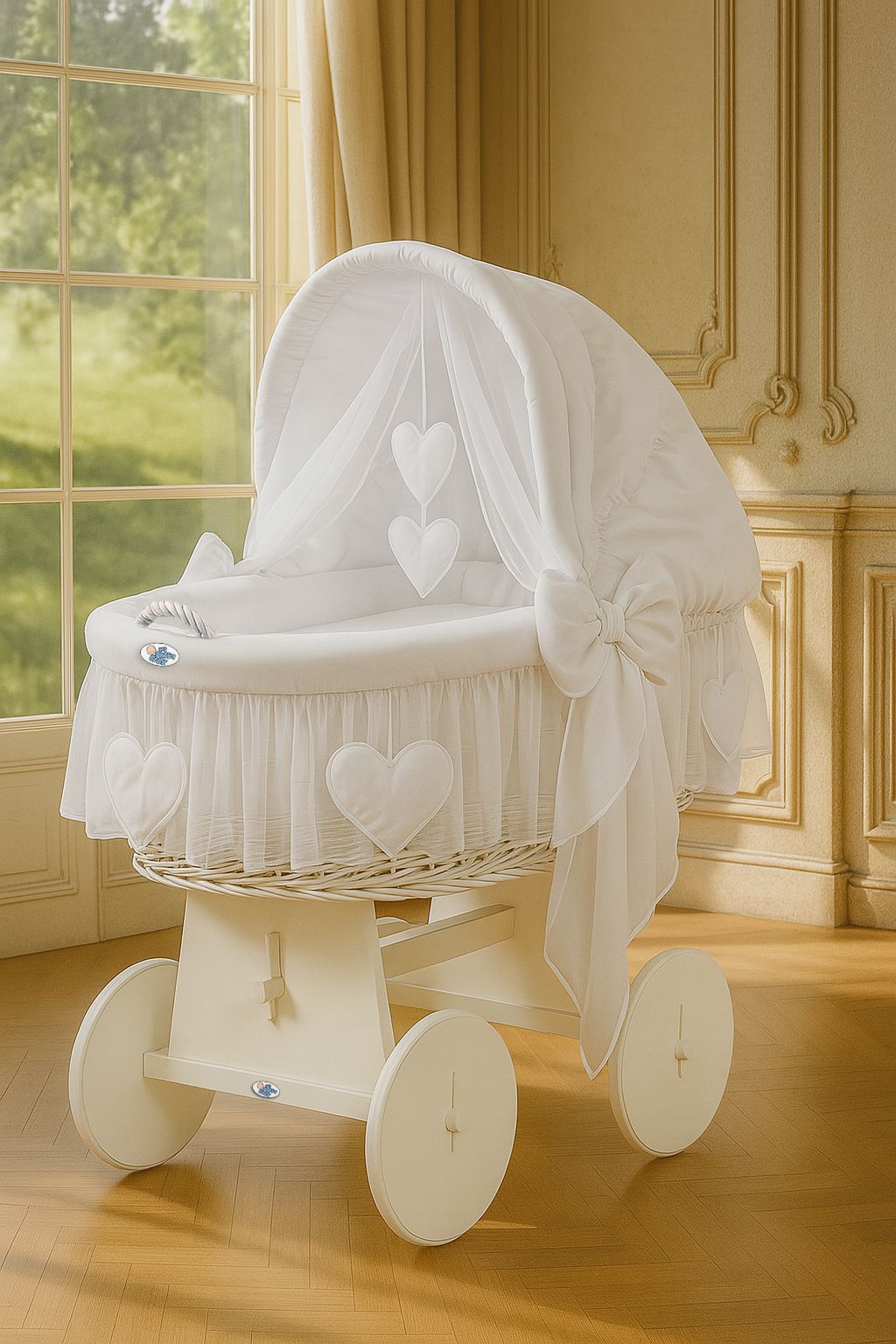 Moses Basket Wicker hood crib Amelie - white + white bedding