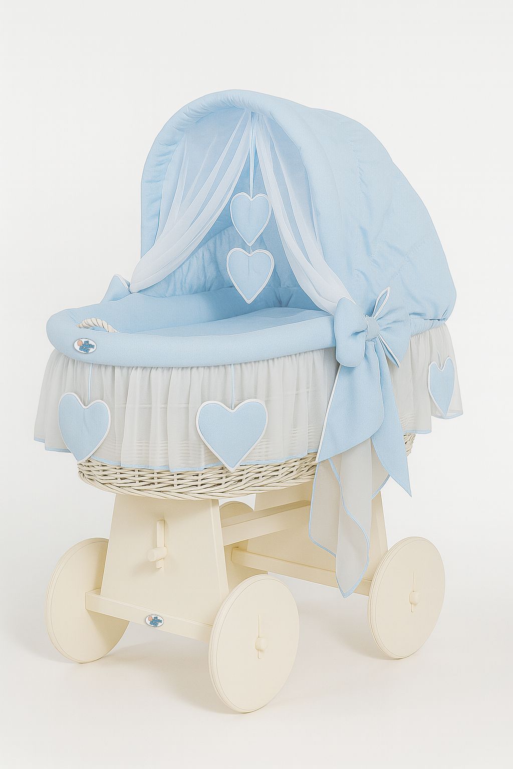 Moses Basket Wicker hood crib Amelie - white + blue bedding