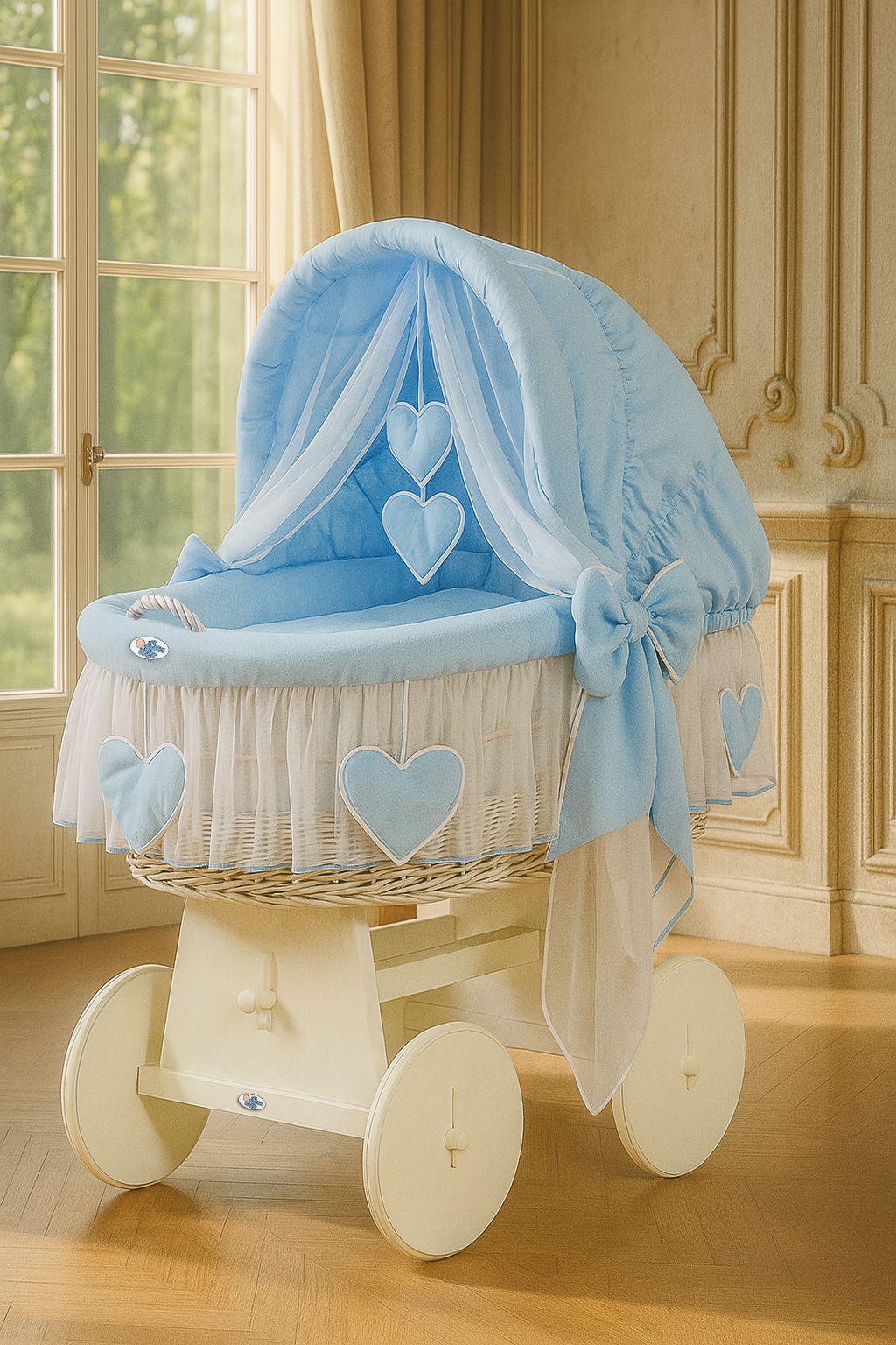 Moses Basket Wicker hood crib Amelie - white + blue bedding