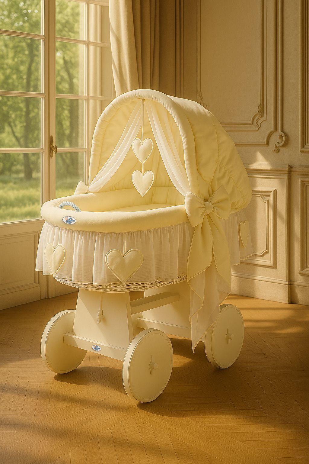 Moses Basket Wicker hood crib Amelie - white + cream bedding