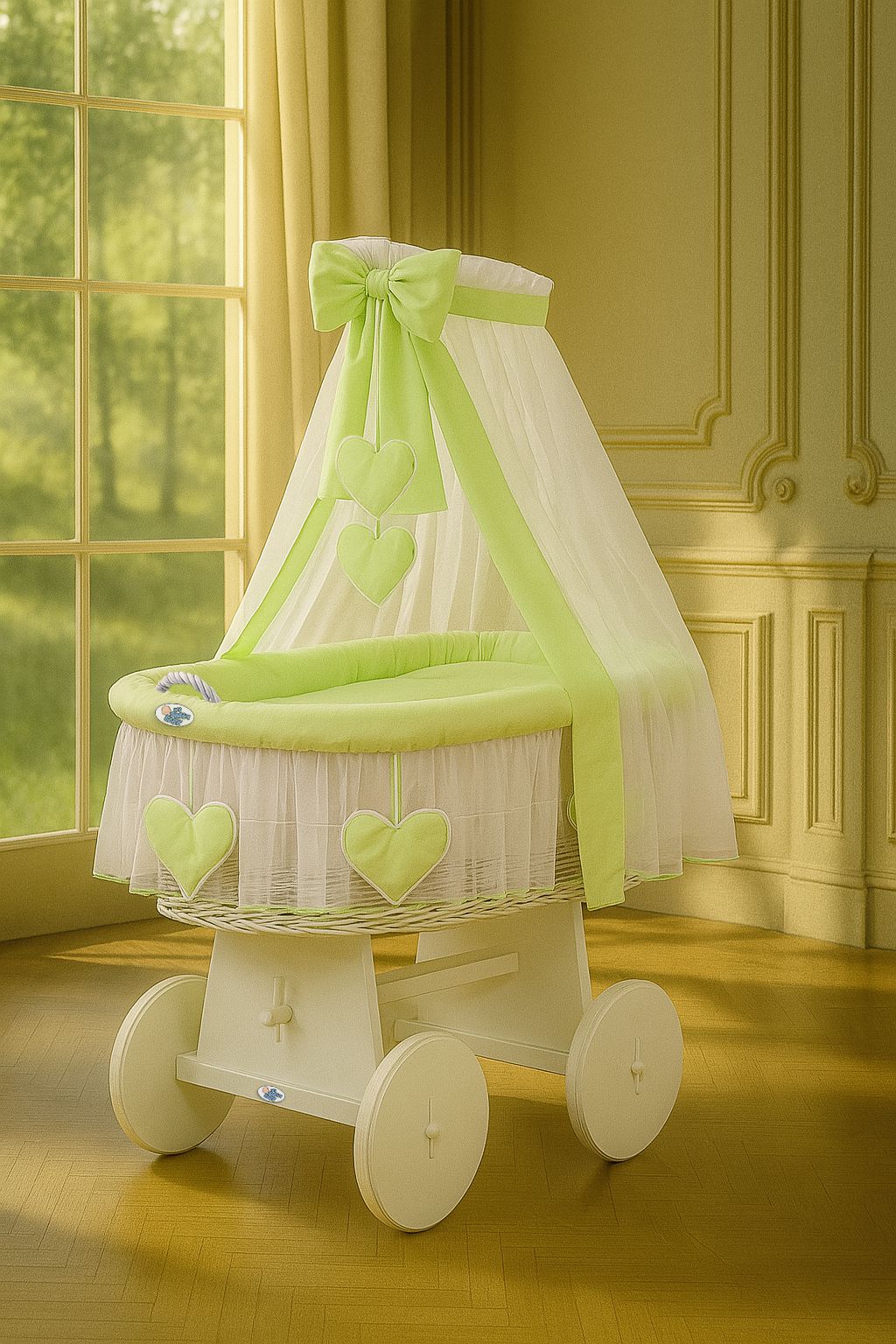 Moses Basket Wicker drape crib Amelie - white + green bedding