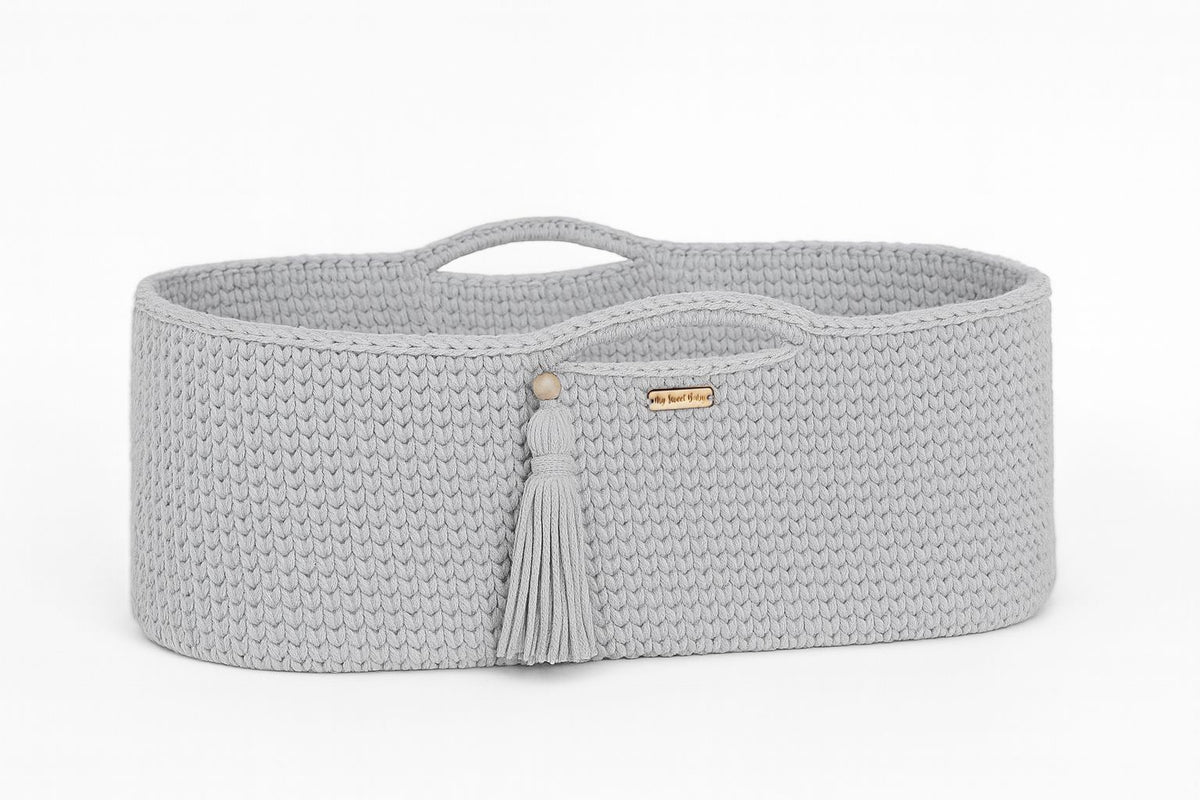 Moses basket BOHO Handmade cotton with mattress - light gray