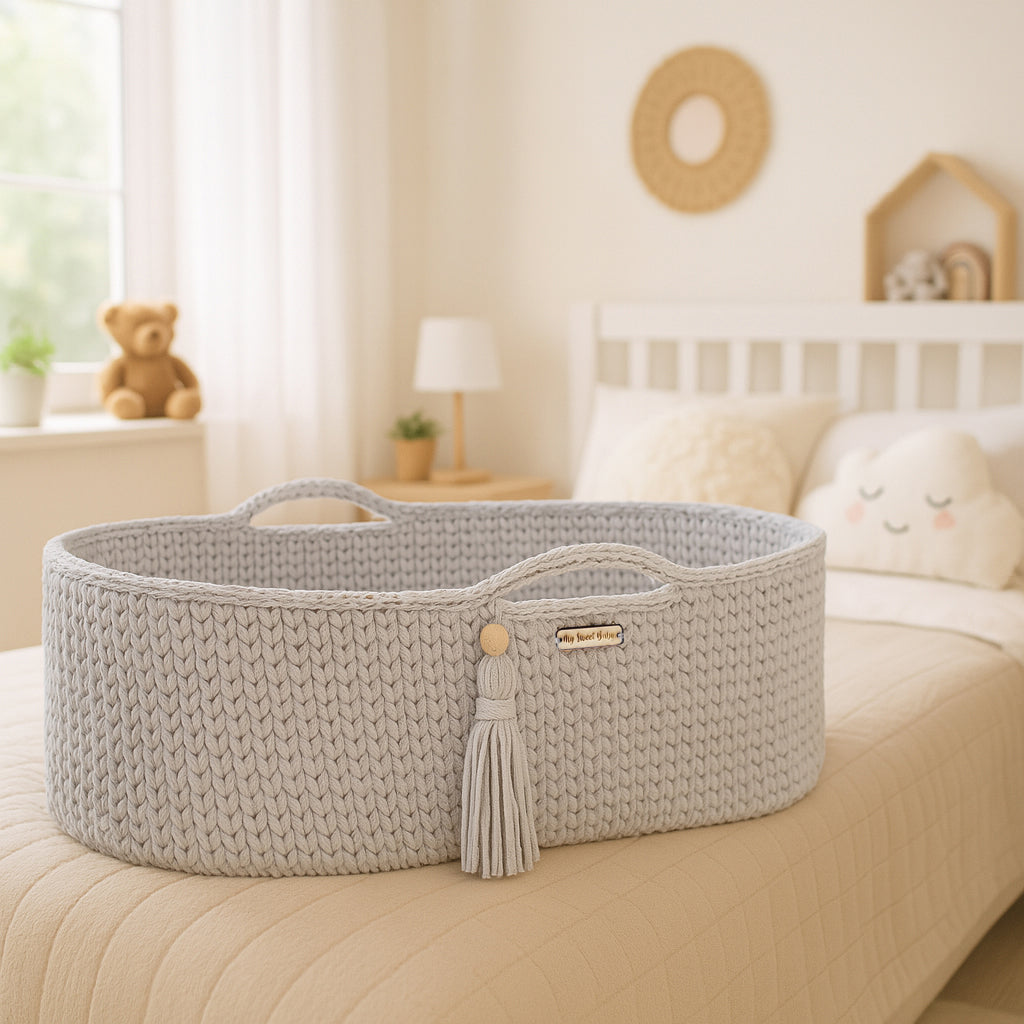 Moses basket BOHO Handmade with stand - light gray