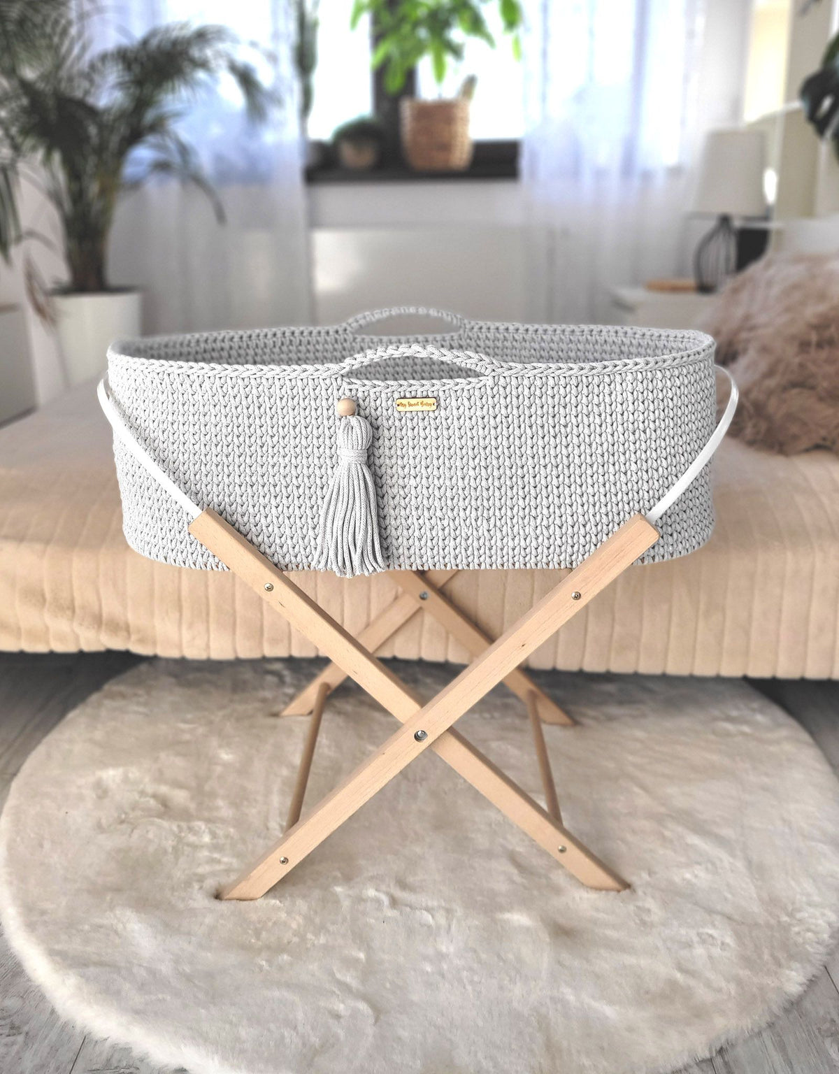 Moses basket BOHO Handmade cotton with mattress - light gray