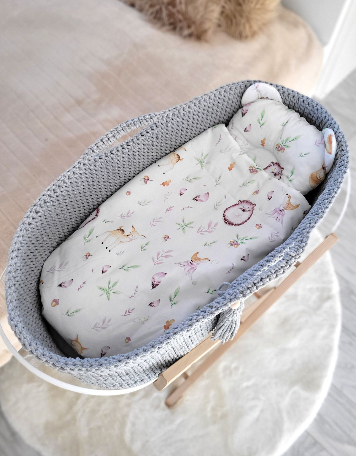 Moses basket BOHO Handmade with stand - gray