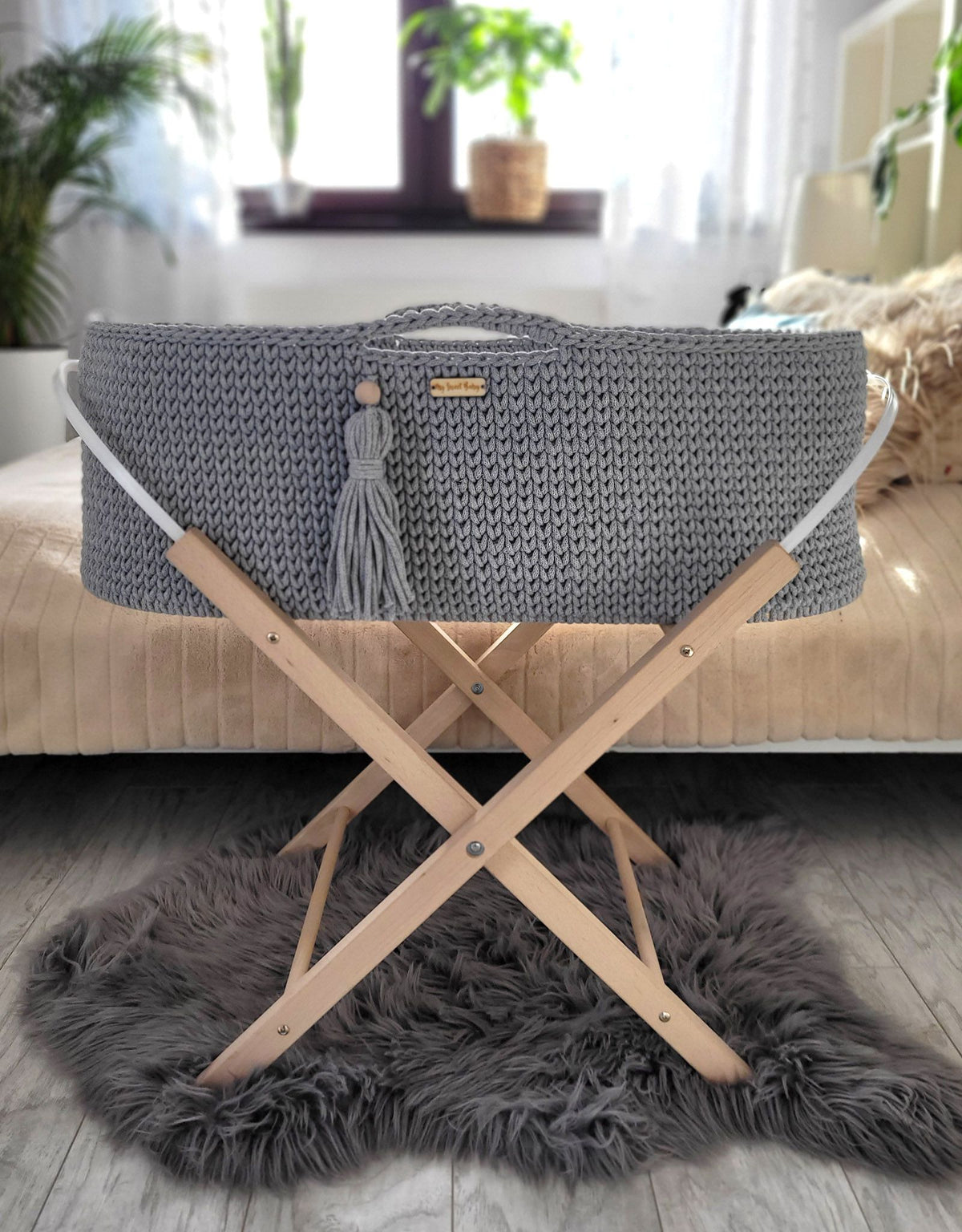 Moses basket BOHO Handmade with stand - dark gray