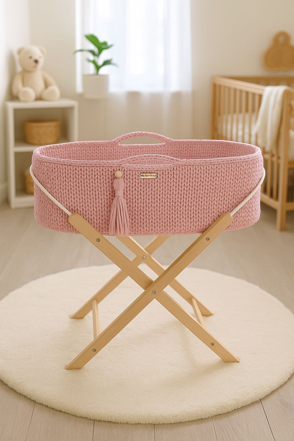 Moses basket BOHO Handmade with stand - pink