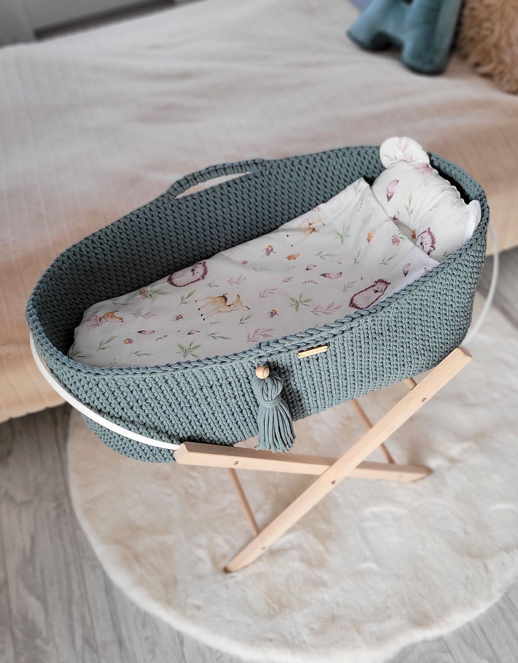 Moses basket BOHO Handmade cotton with mattress - laurel