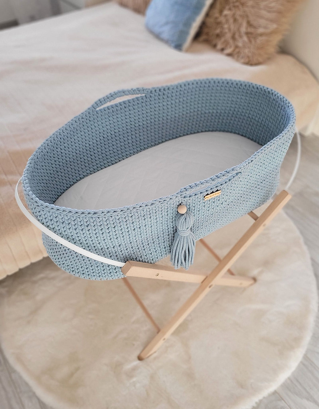 Moses basket BOHO Handmade with stand - misty blue