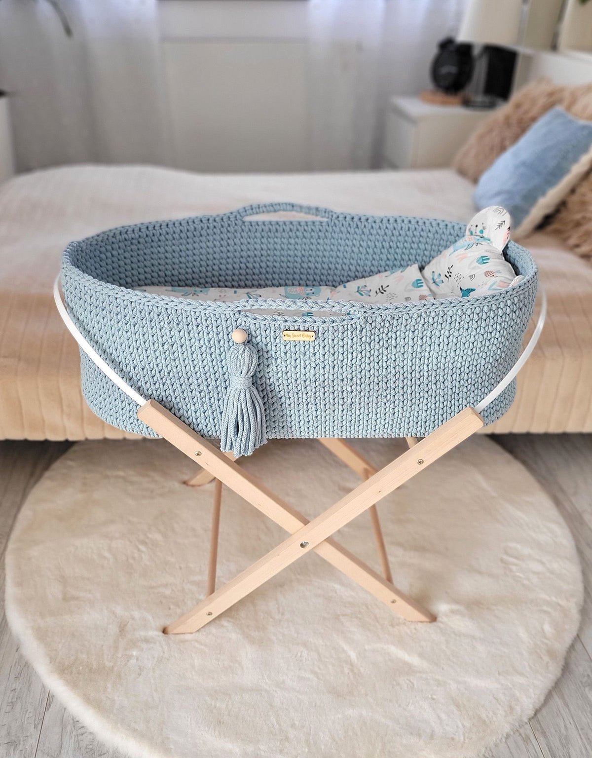 Moses basket BOHO Handmade cotton with mattress - misty blue