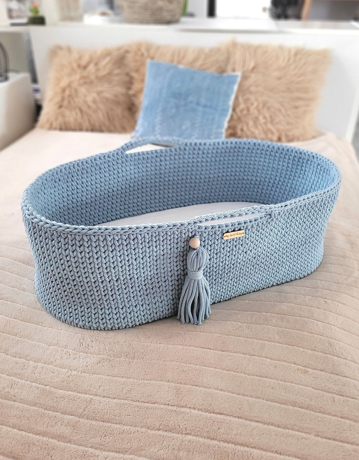 Moses basket BOHO Handmade with stand - misty blue