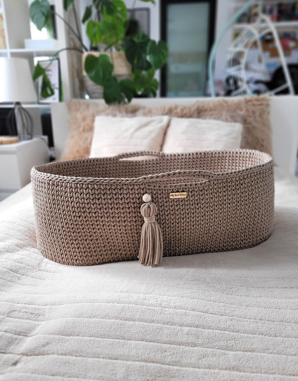 Moses basket BOHO Handmade cotton with mattress - sand