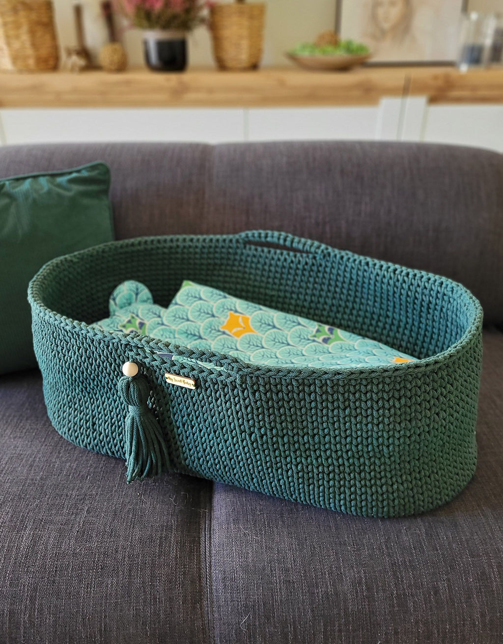 Moses basket BOHO Handmade with stand - bottle green