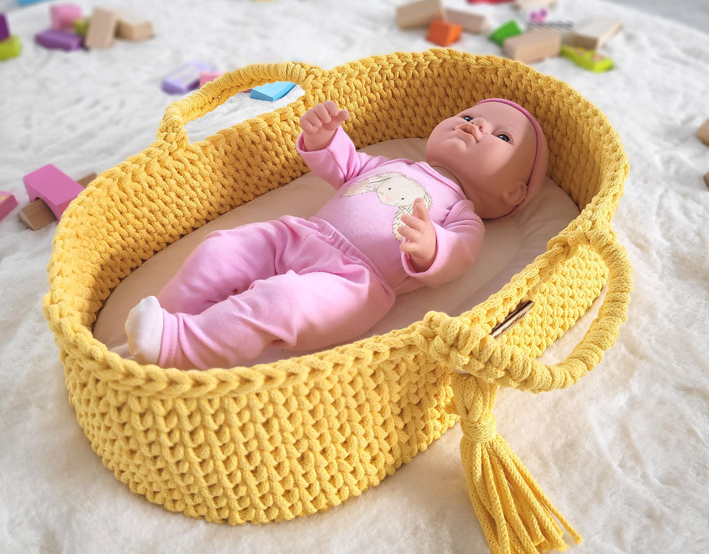 Moses basket BOHO cotton - doll carrier - yellow