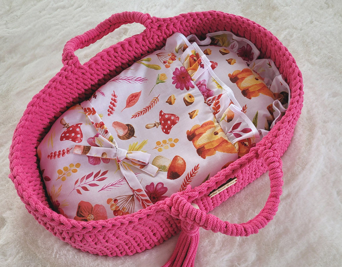 Moses basket BOHO cotton - doll carrier - fuchsia