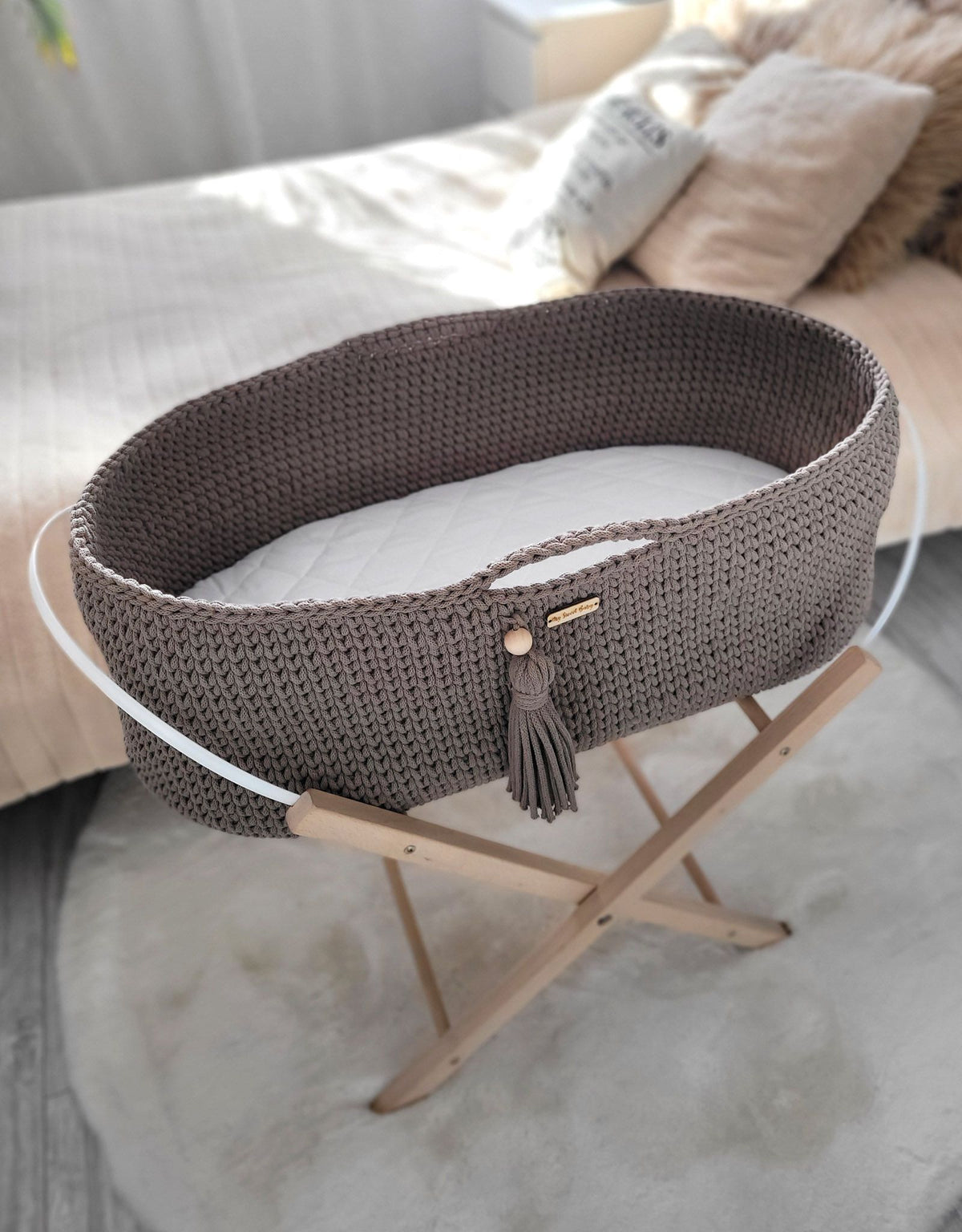 Moses basket BOHO Handmade cotton with mattress - mocca