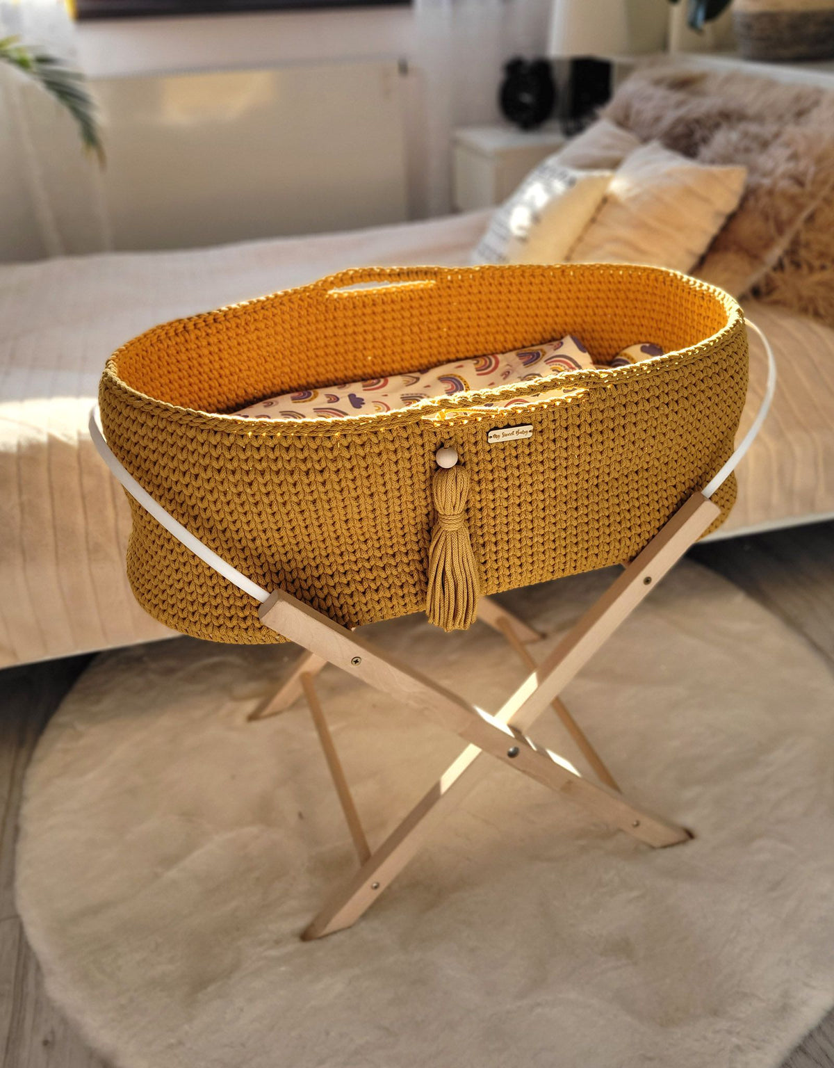 Moses basket BOHO Handmade cotton with mattress - honey yellow