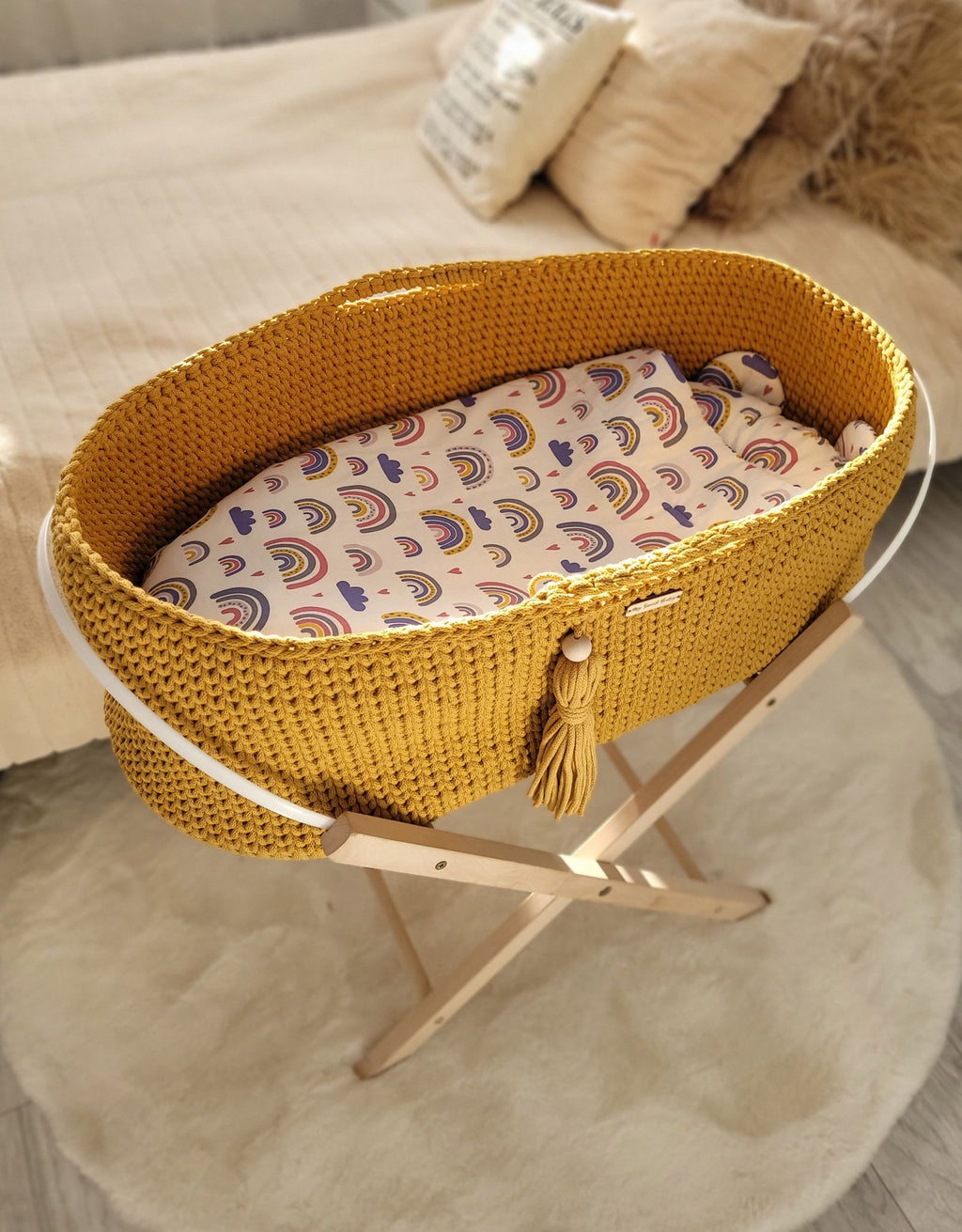 Moses basket BOHO Handmade cotton with mattress - honey yellow