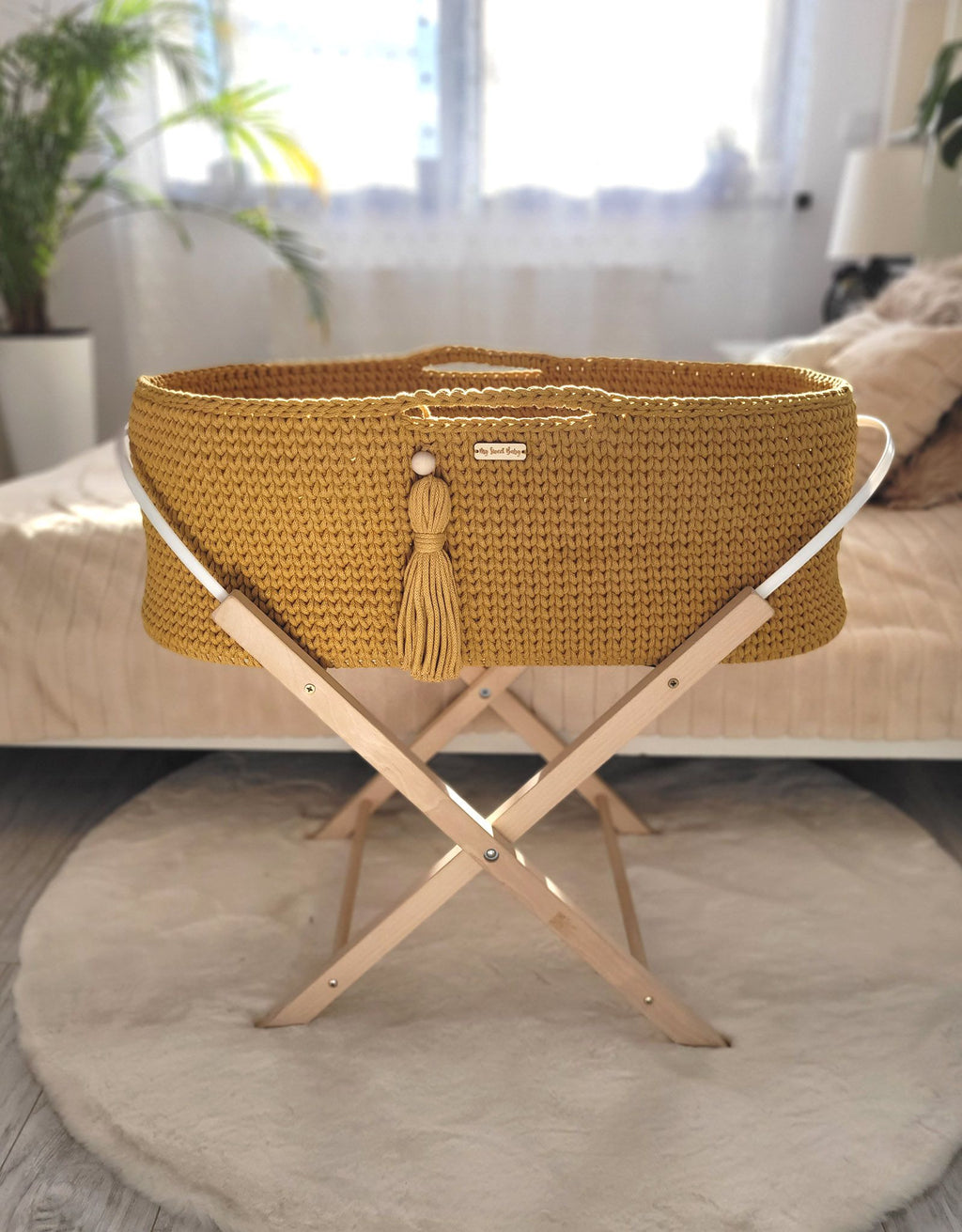 Moses basket BOHO Handmade with stand - honey yellow