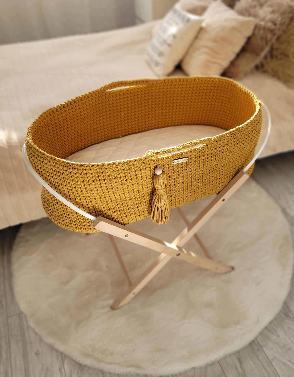 Moses basket BOHO Handmade with stand - honey yellow