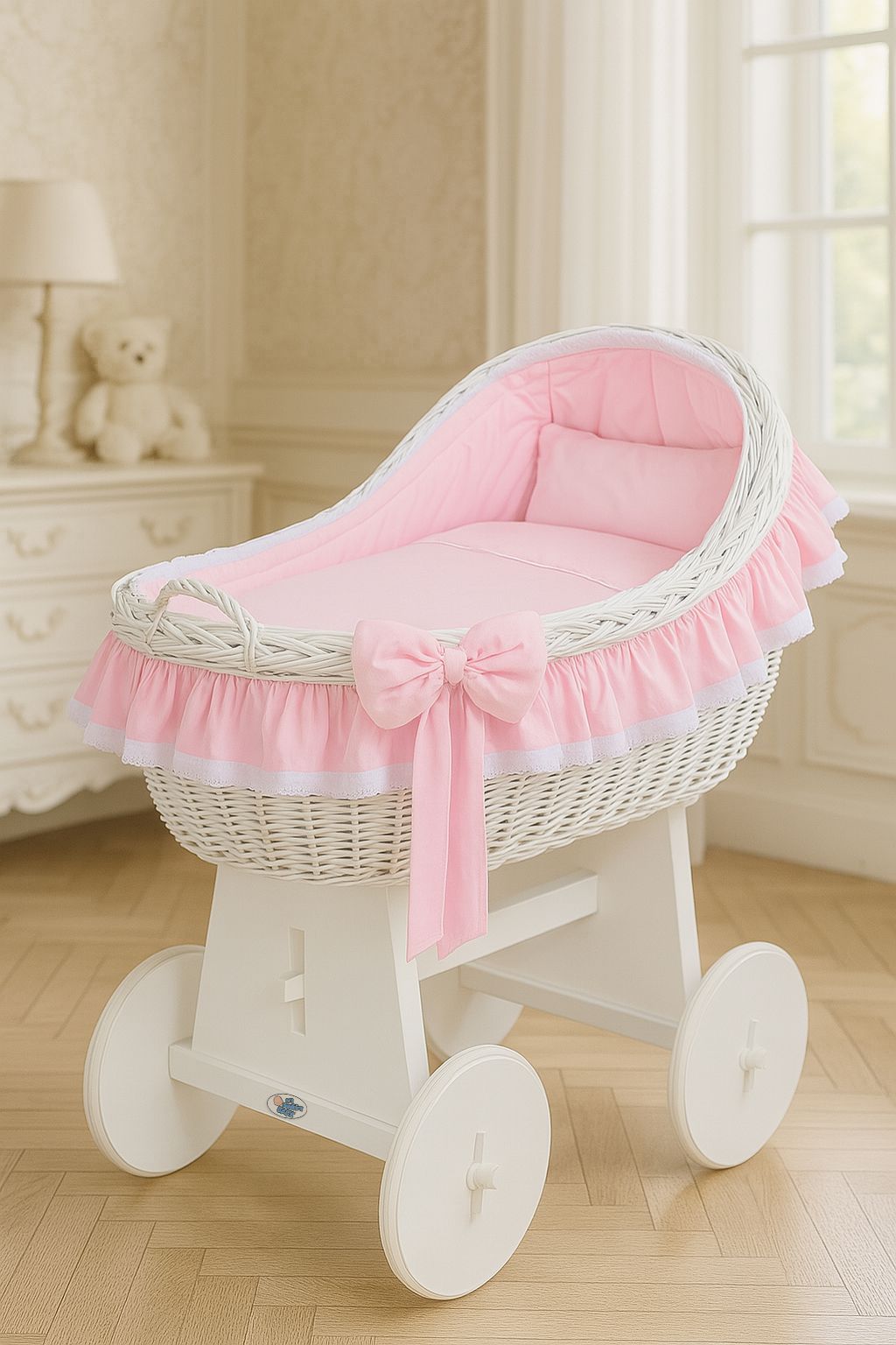 Moses Basket Wicker hood crib Carina - white + pink bedding