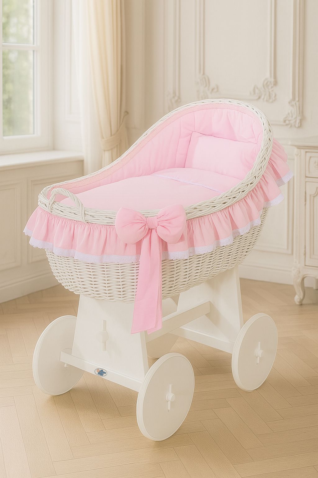 Moses Basket Wicker hood crib Carina - white + pink bedding