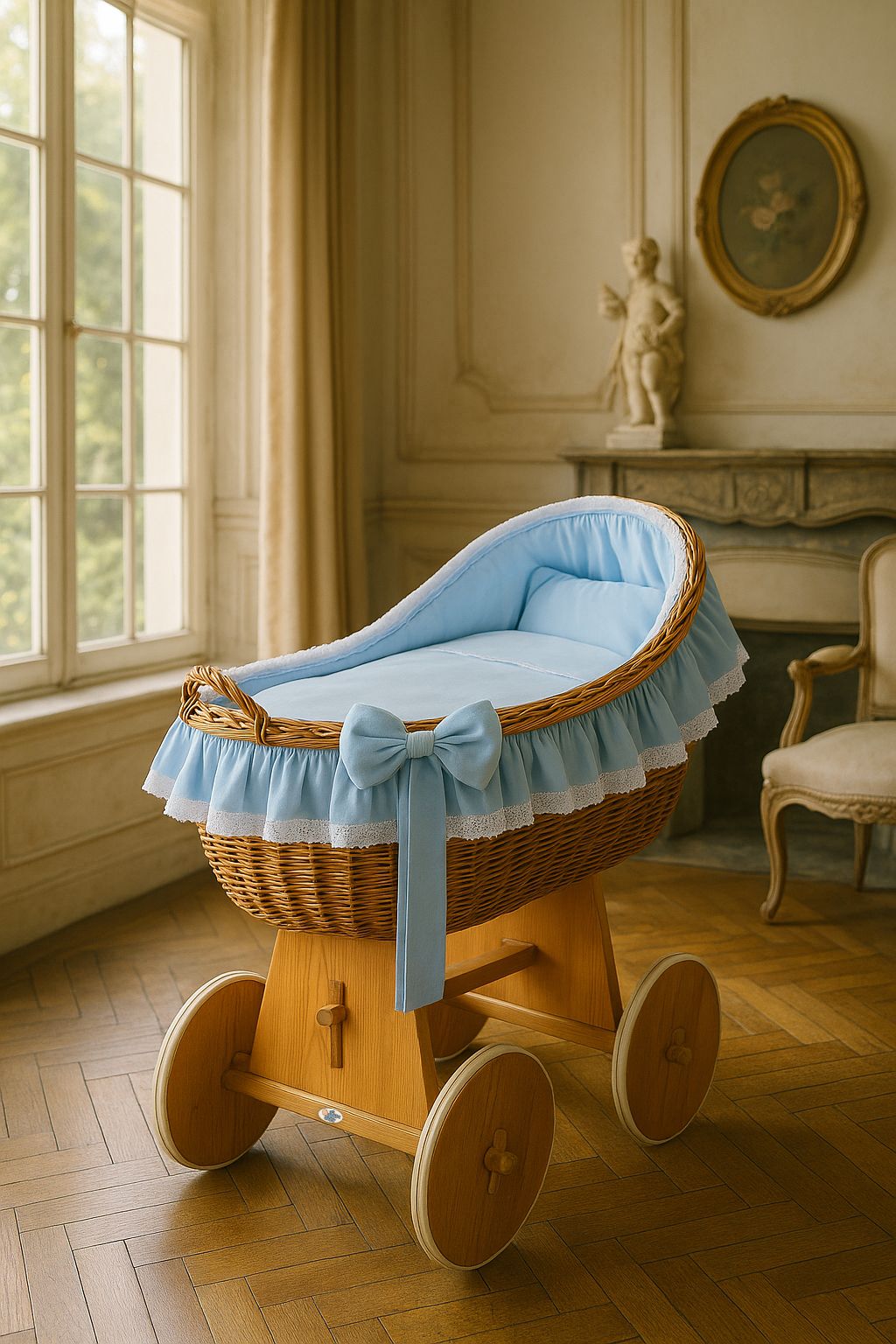 Moses Basket Wicker hood crib Carina - natural + blue bedding