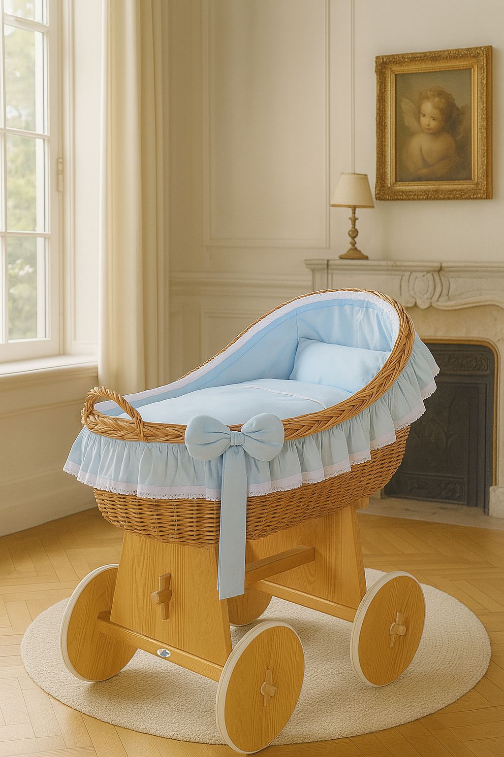 Moses Basket Wicker hood crib Carina - natural + blue bedding