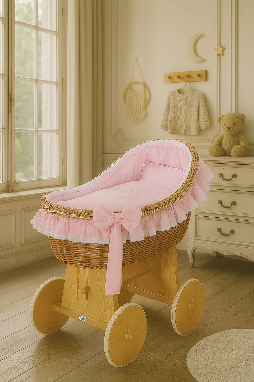 Moses Basket Wicker hood crib Carina - natural + pink bedding