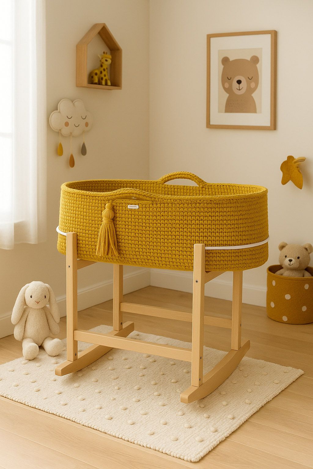Moses basket BOHO Handmade with cradle - honey yellow