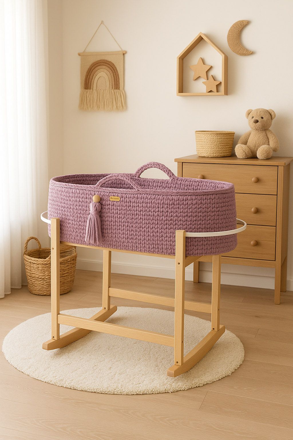 Moses basket BOHO Handmade with cradle - lavender