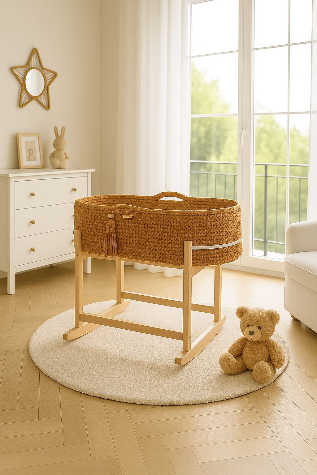 Moses basket BOHO Handmade with cradle - caramel
